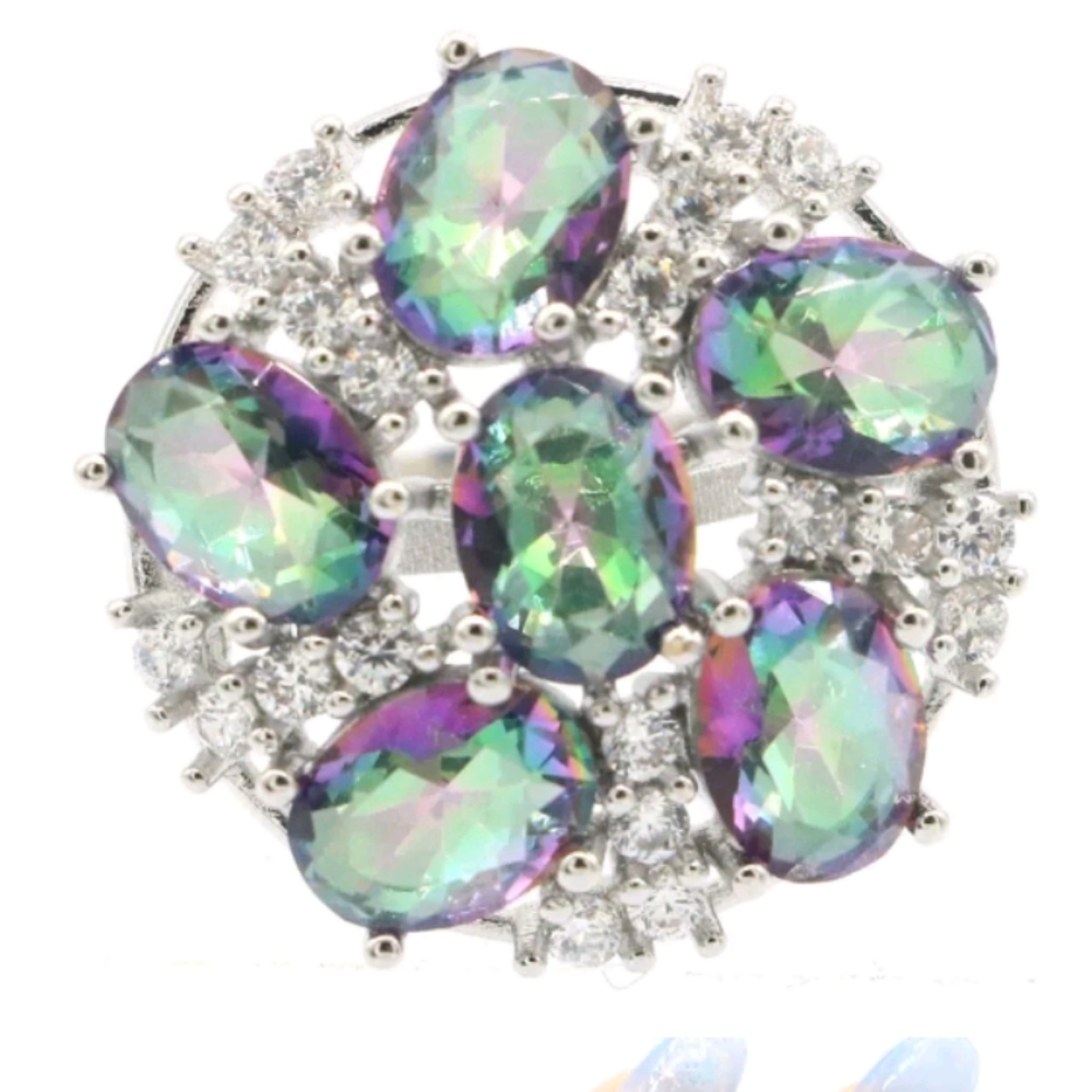 New rainbow fire mystical topaz cz sterling silver ring